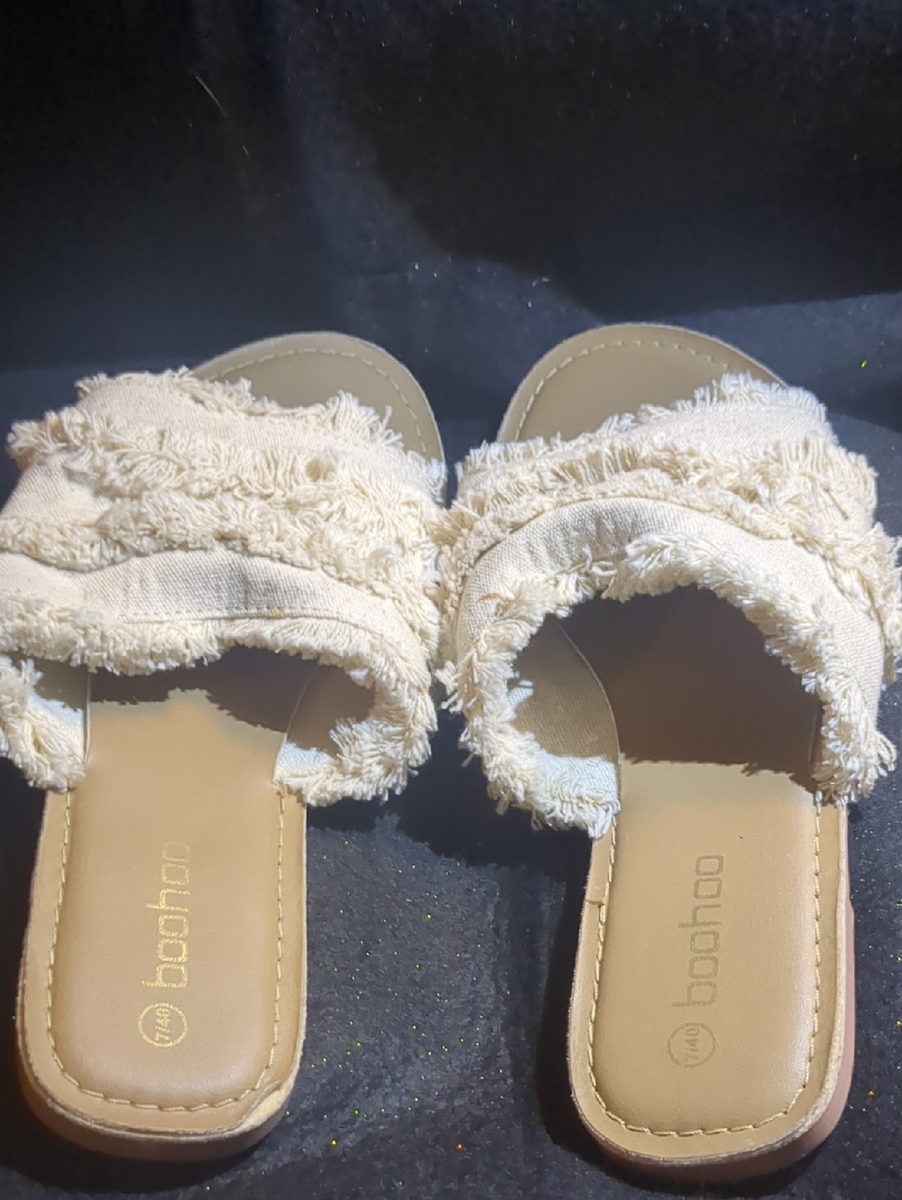 New Boohoo Cream Frayed Double-Band Slide Mules